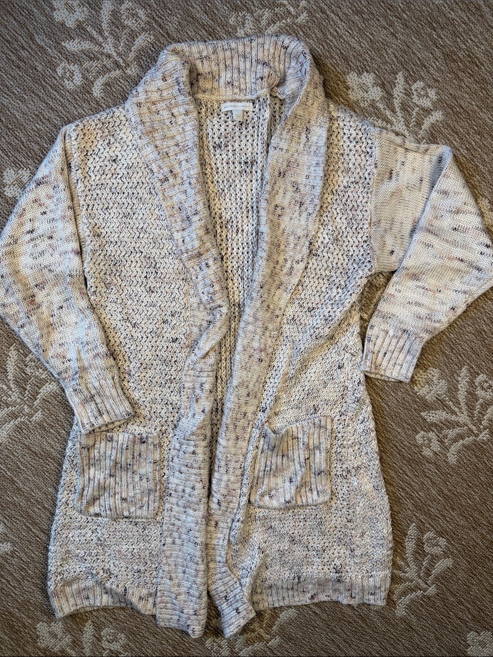 New York & Company Cream Speckled Open-Front Shawl Cardigan